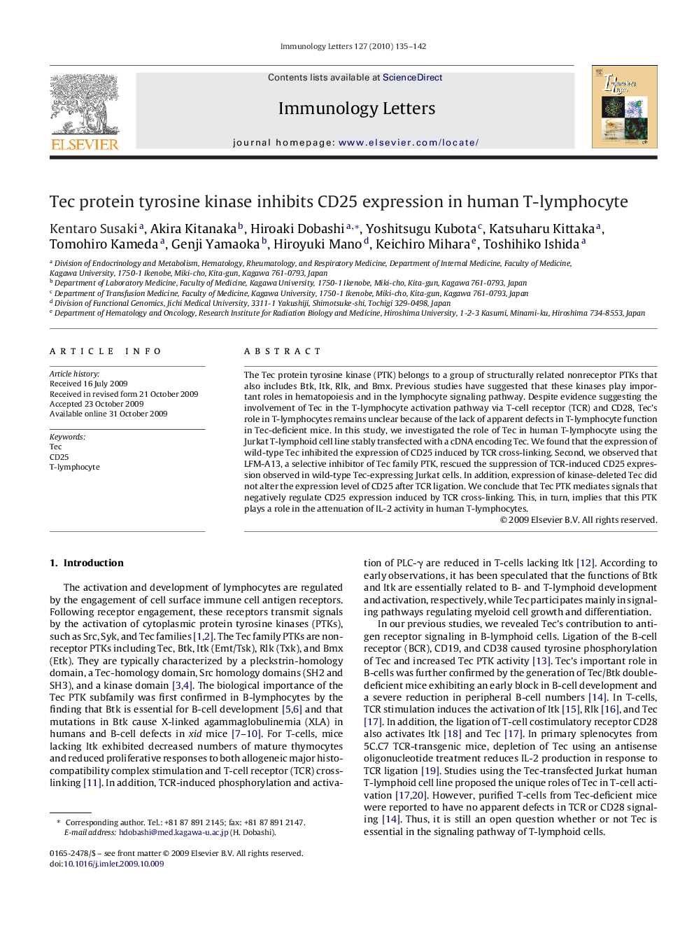 Tec protein tyrosine kinase inhibits CD25 expression in human T-lymphocyte