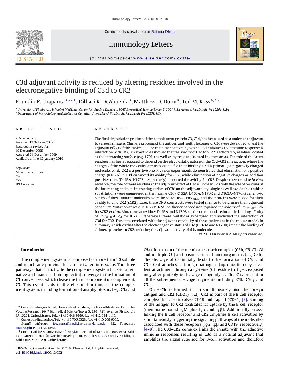 C3d adjuvant activity is reduced by altering residues involved in the electronegative binding of C3d to CR2