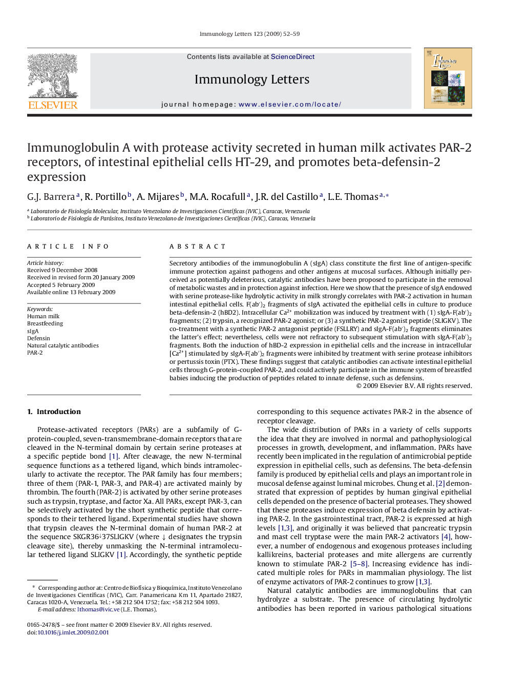 Immunoglobulin A with protease activity secreted in human milk activates PAR-2 receptors, of intestinal epithelial cells HT-29, and promotes beta-defensin-2 expression