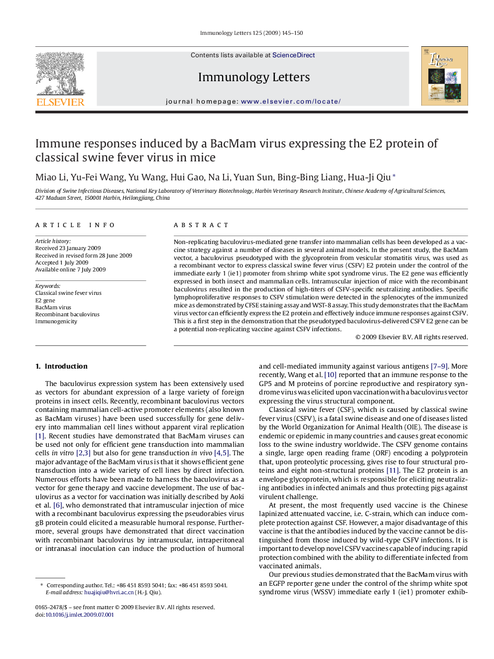 Immune responses induced by a BacMam virus expressing the E2 protein of classical swine fever virus in mice