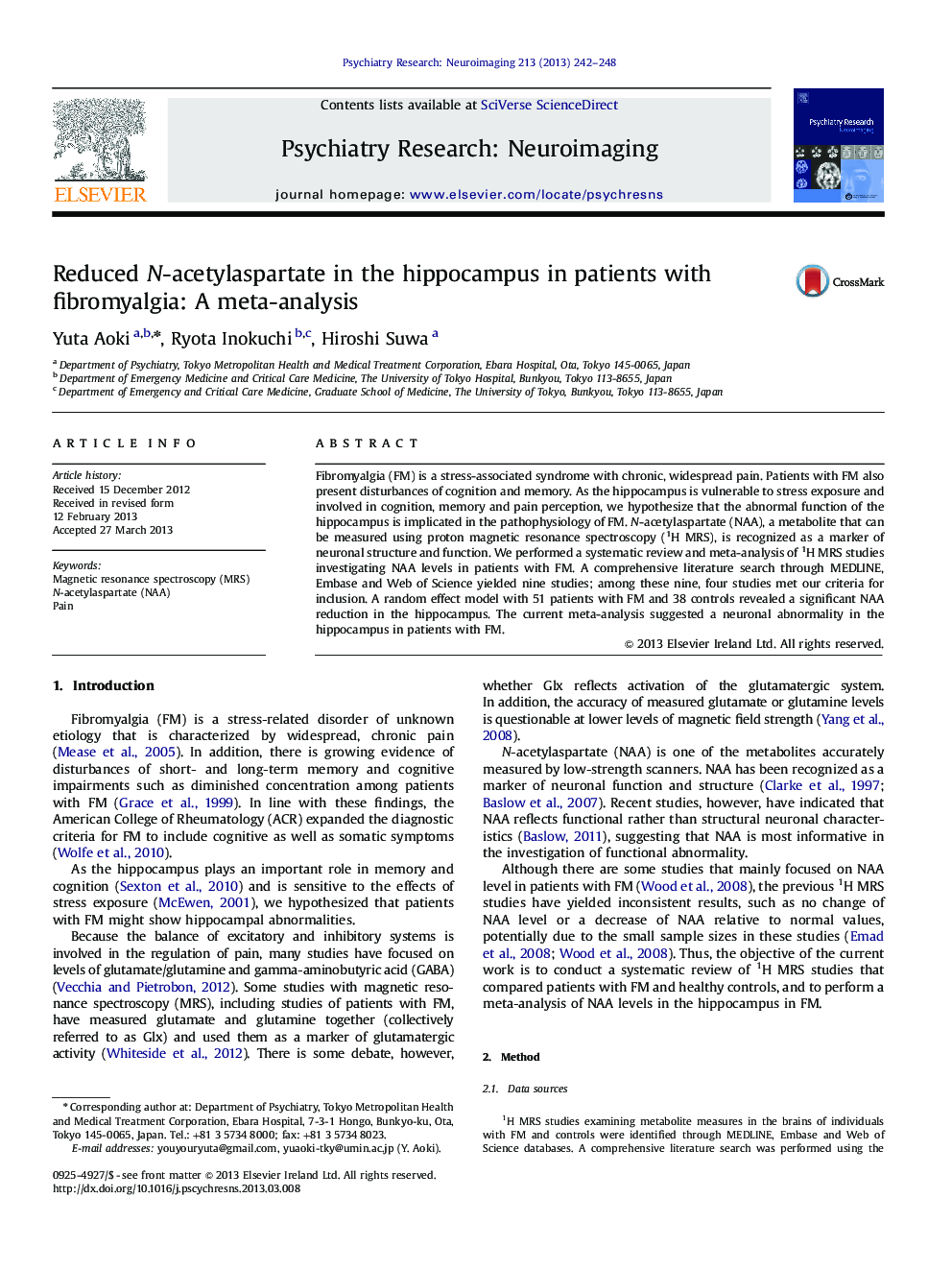 Reduced N-acetylaspartate in the hippocampus in patients with fibromyalgia: A meta-analysis