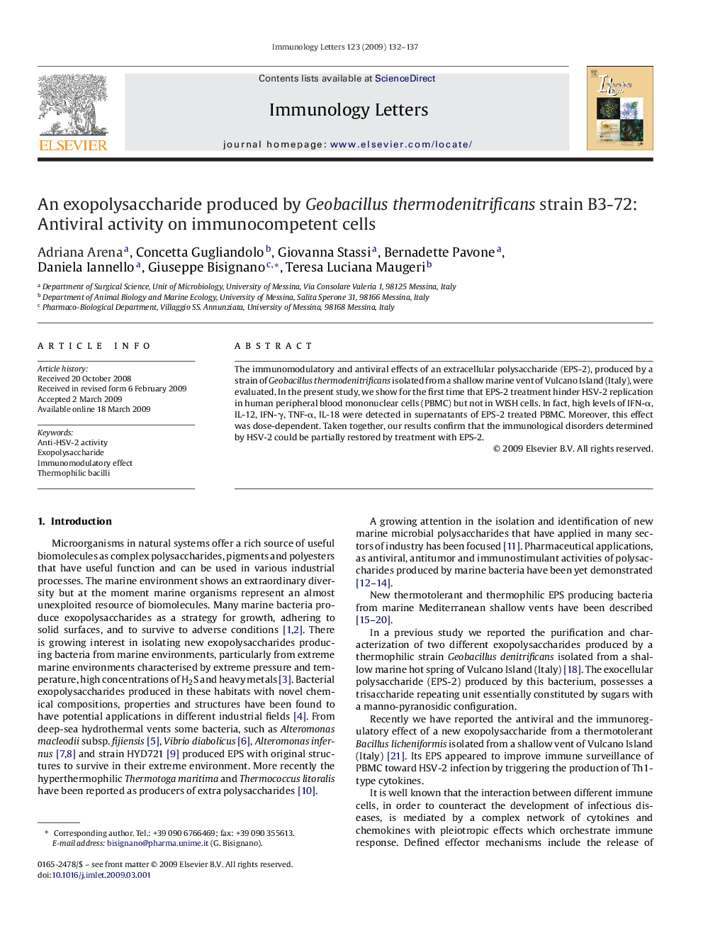 An exopolysaccharide produced by Geobacillus thermodenitrificans strain B3-72: Antiviral activity on immunocompetent cells