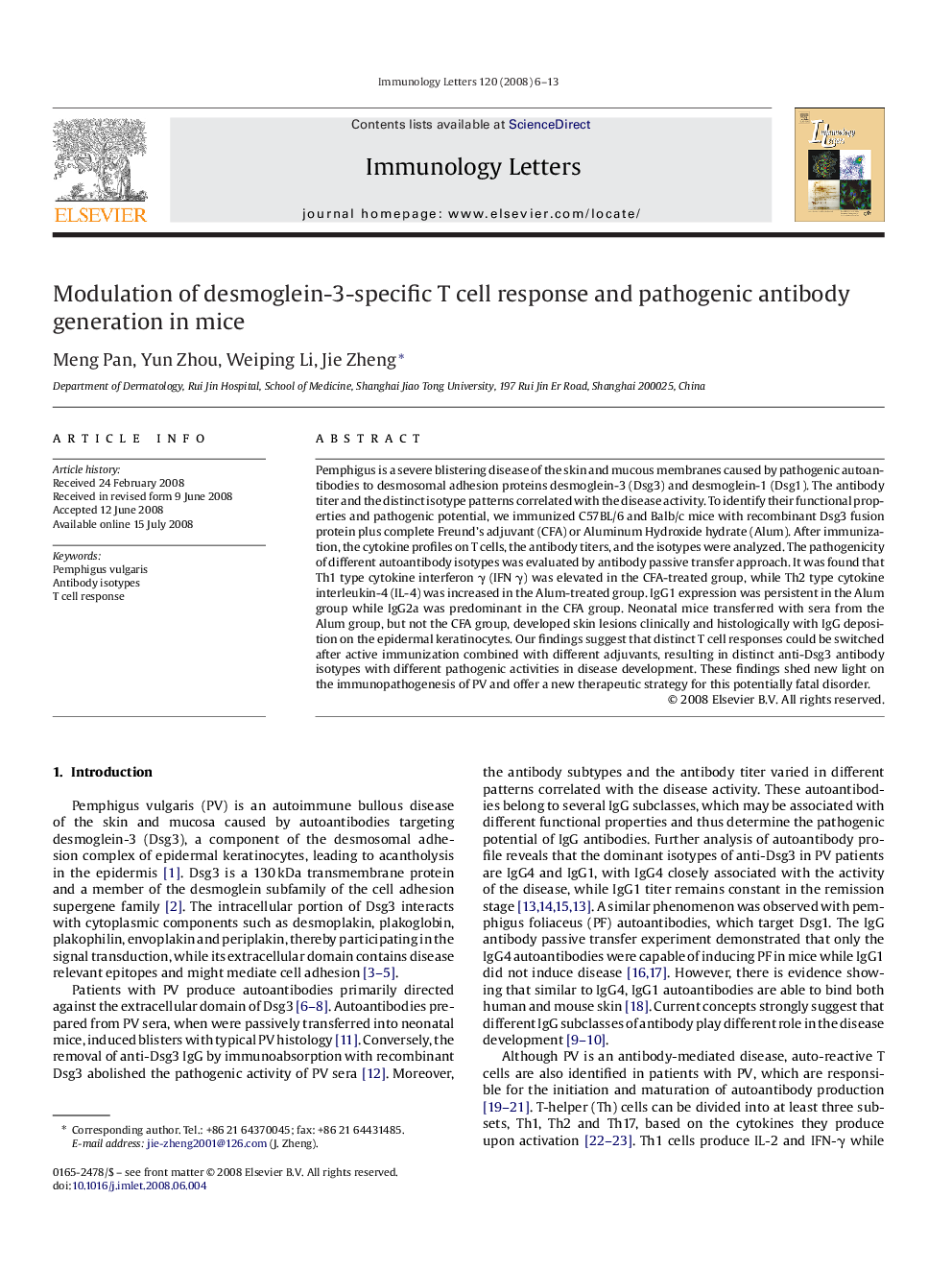 Modulation of desmoglein-3-specific T cell response and pathogenic antibody generation in mice