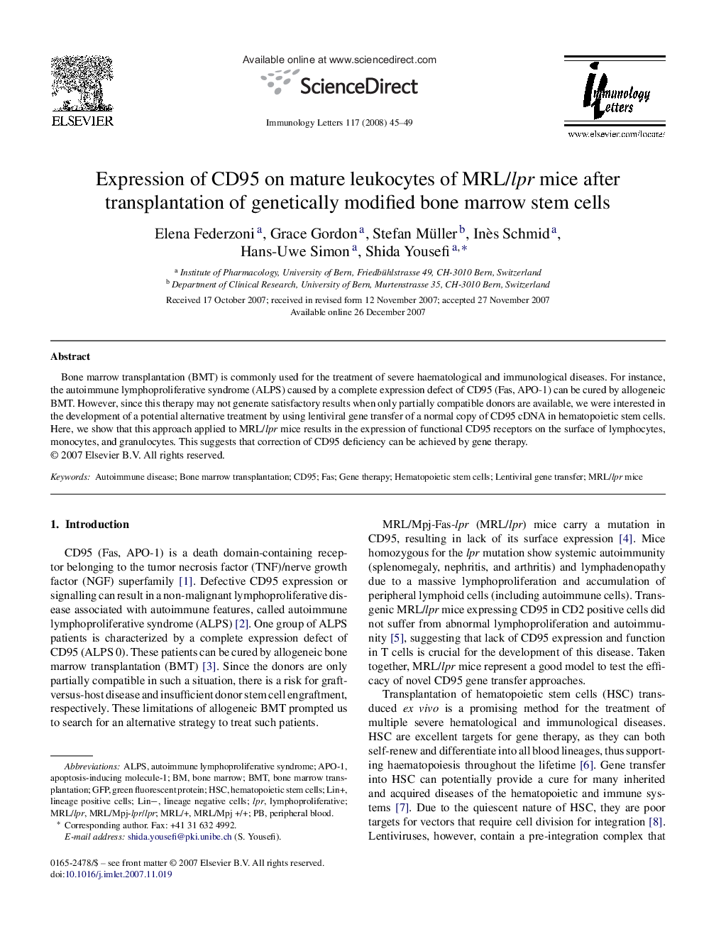 Expression of CD95 on mature leukocytes of MRL/lpr mice after transplantation of genetically modified bone marrow stem cells