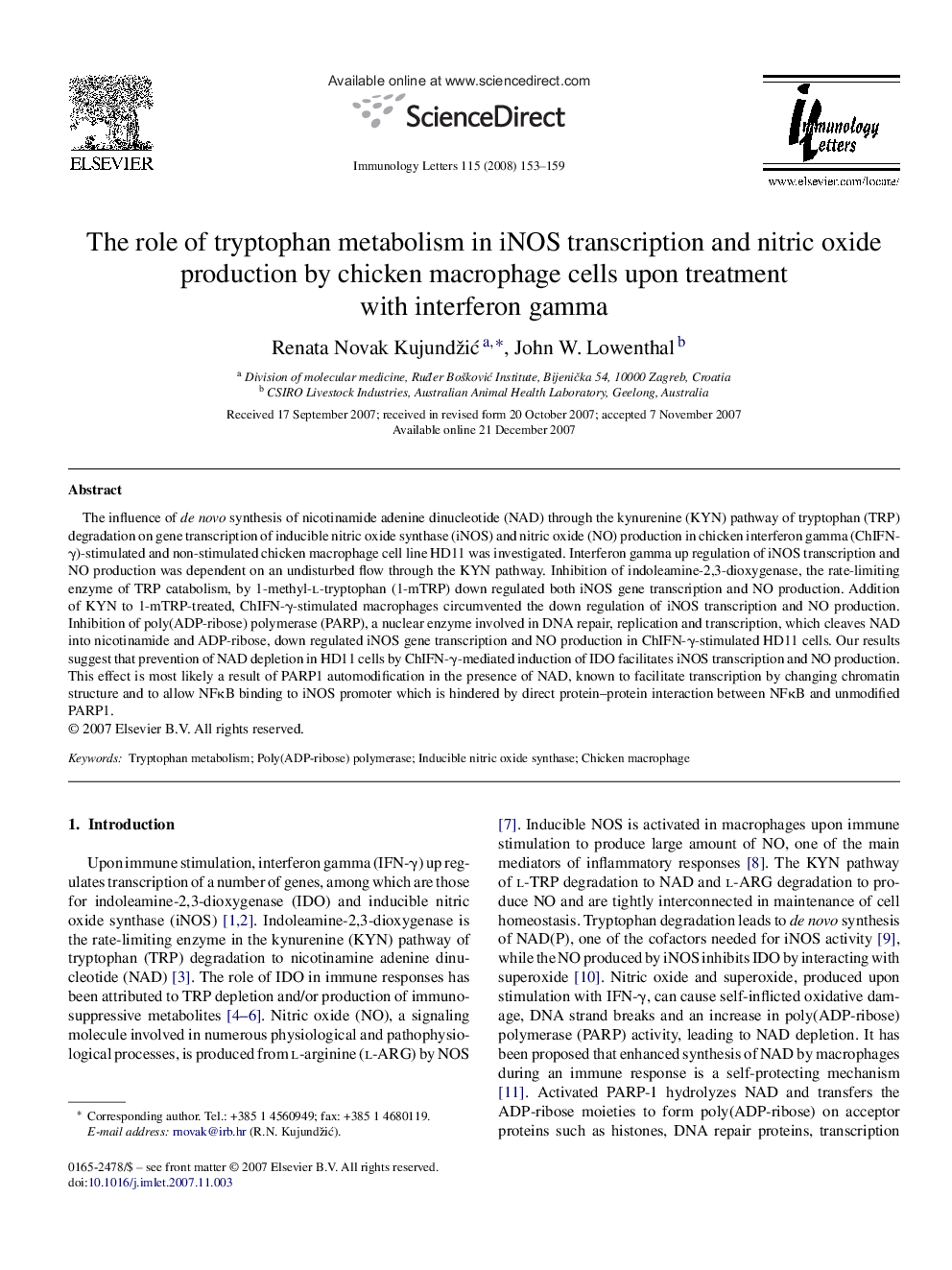 The role of tryptophan metabolism in iNOS transcription and nitric oxide production by chicken macrophage cells upon treatment with interferon gamma