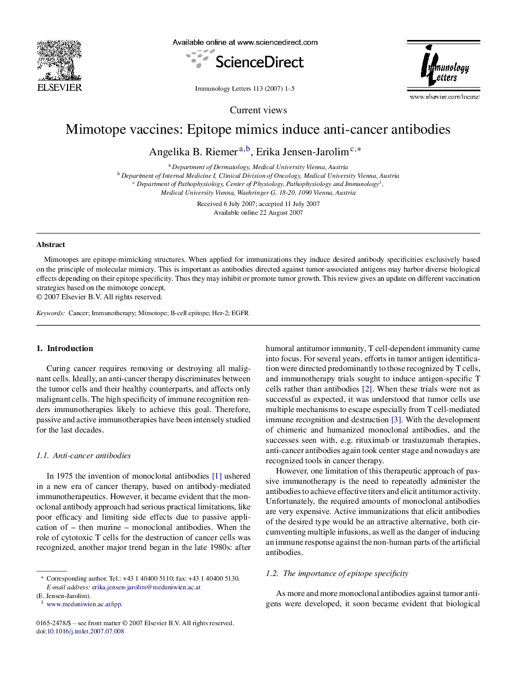 Mimotope vaccines: Epitope mimics induce anti-cancer antibodies