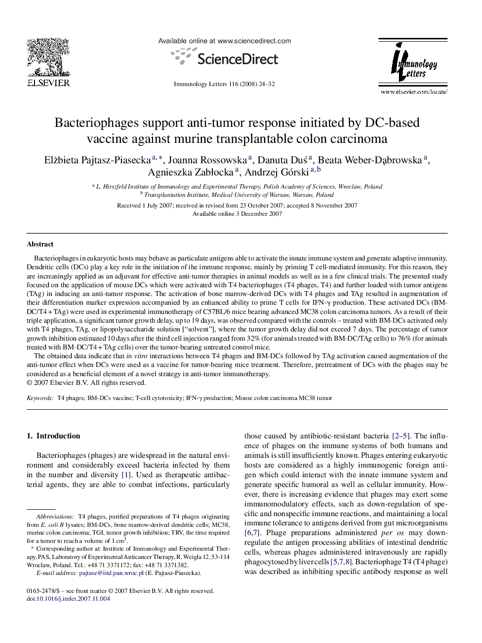 عکس صفحه اول مقاله: Bacteriophages support anti-tumor response initiated by DC-based vaccine against murine transplantable colon carcinoma Bacteriophages support anti-tumor response initiated by DC-based vaccine against murine transplantable colon carcinoma