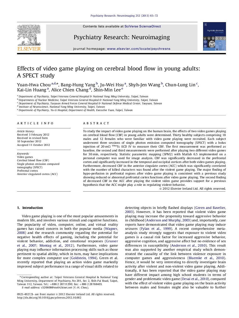 Effects of video game playing on cerebral blood flow in young adults: A SPECT study