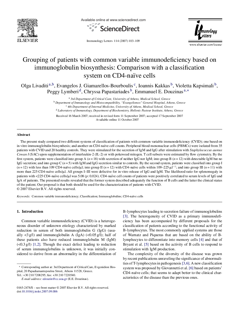 Grouping of patients with common variable immunodeficiency based on immunoglobulin biosynthesis: Comparison with a classification system on CD4-naïve cells