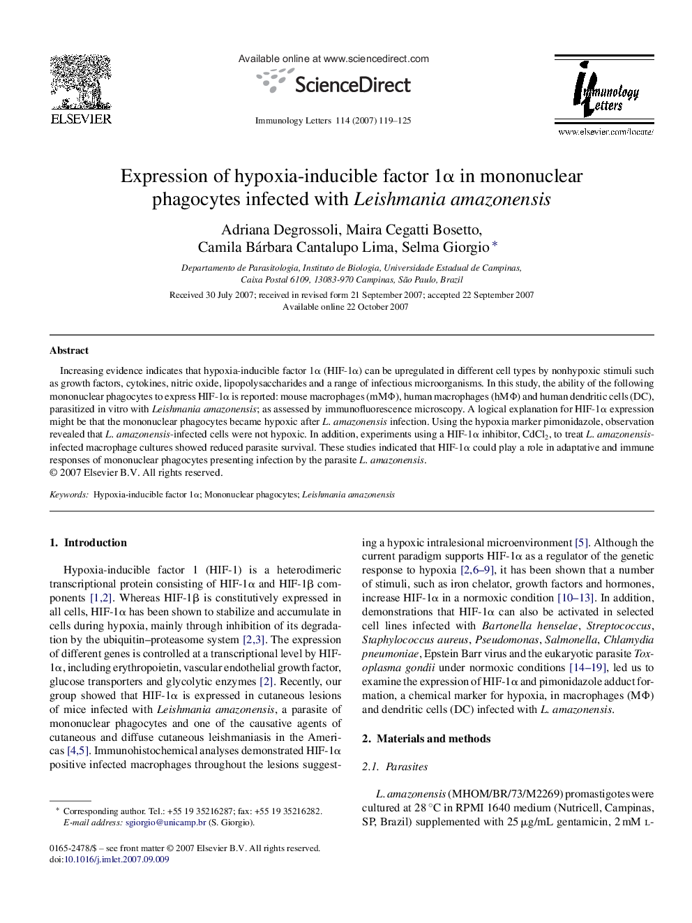 Expression of hypoxia-inducible factor 1α in mononuclear phagocytes infected with Leishmania amazonensis