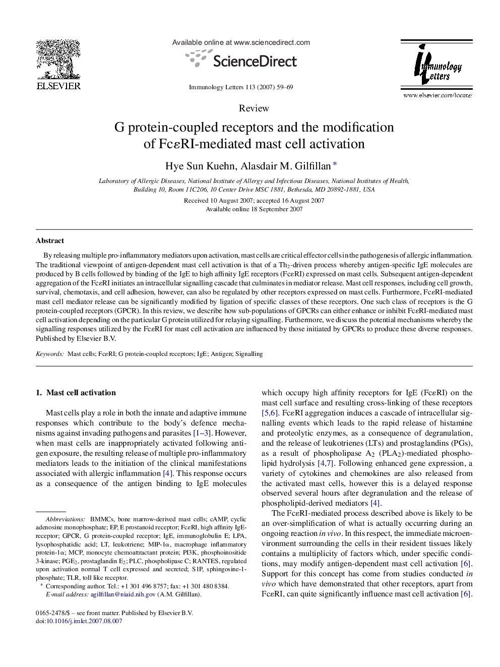 G protein-coupled receptors and the modification of FcɛRI-mediated mast cell activation