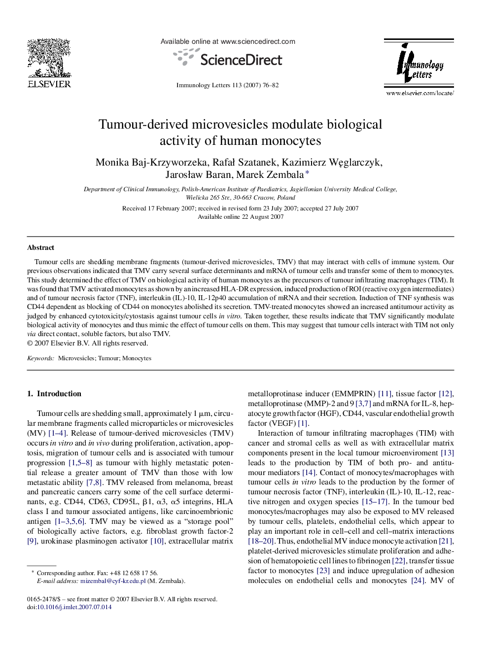 Tumour-derived microvesicles modulate biological activity of human monocytes