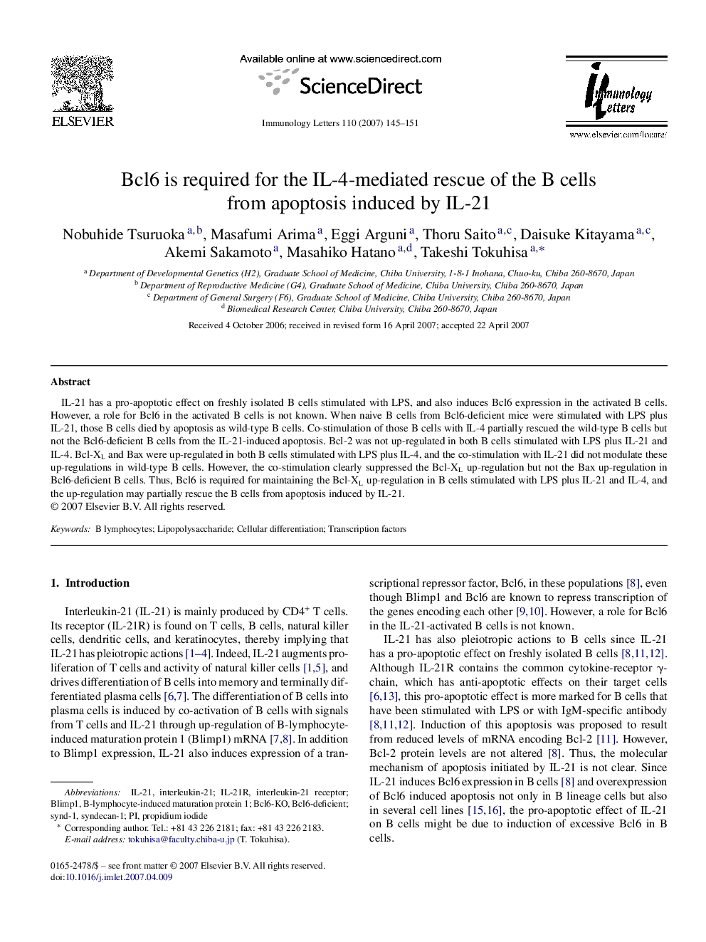 Bcl6 is required for the IL-4-mediated rescue of the B cells from apoptosis induced by IL-21