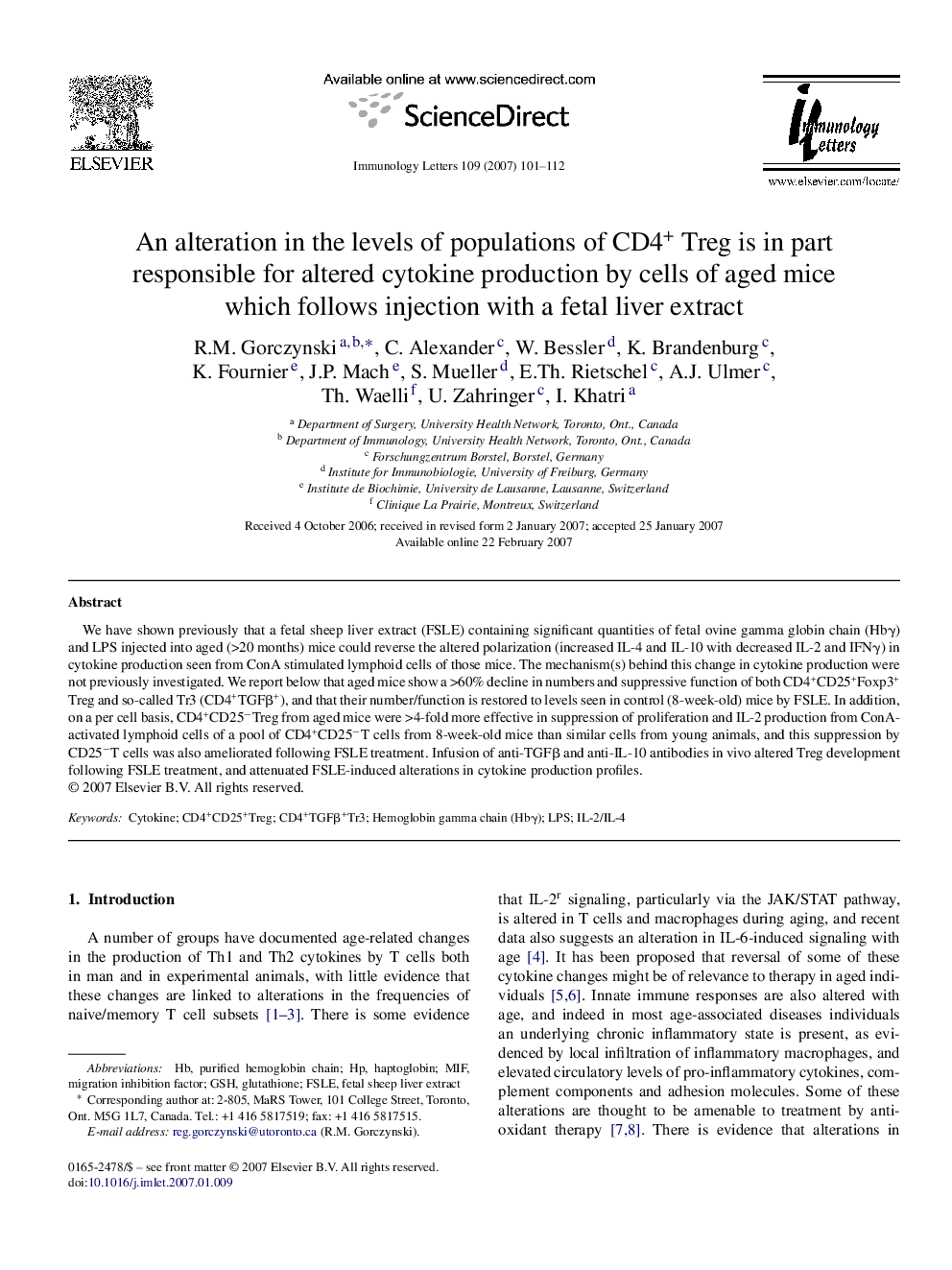 An alteration in the levels of populations of CD4+ Treg is in part responsible for altered cytokine production by cells of aged mice which follows injection with a fetal liver extract