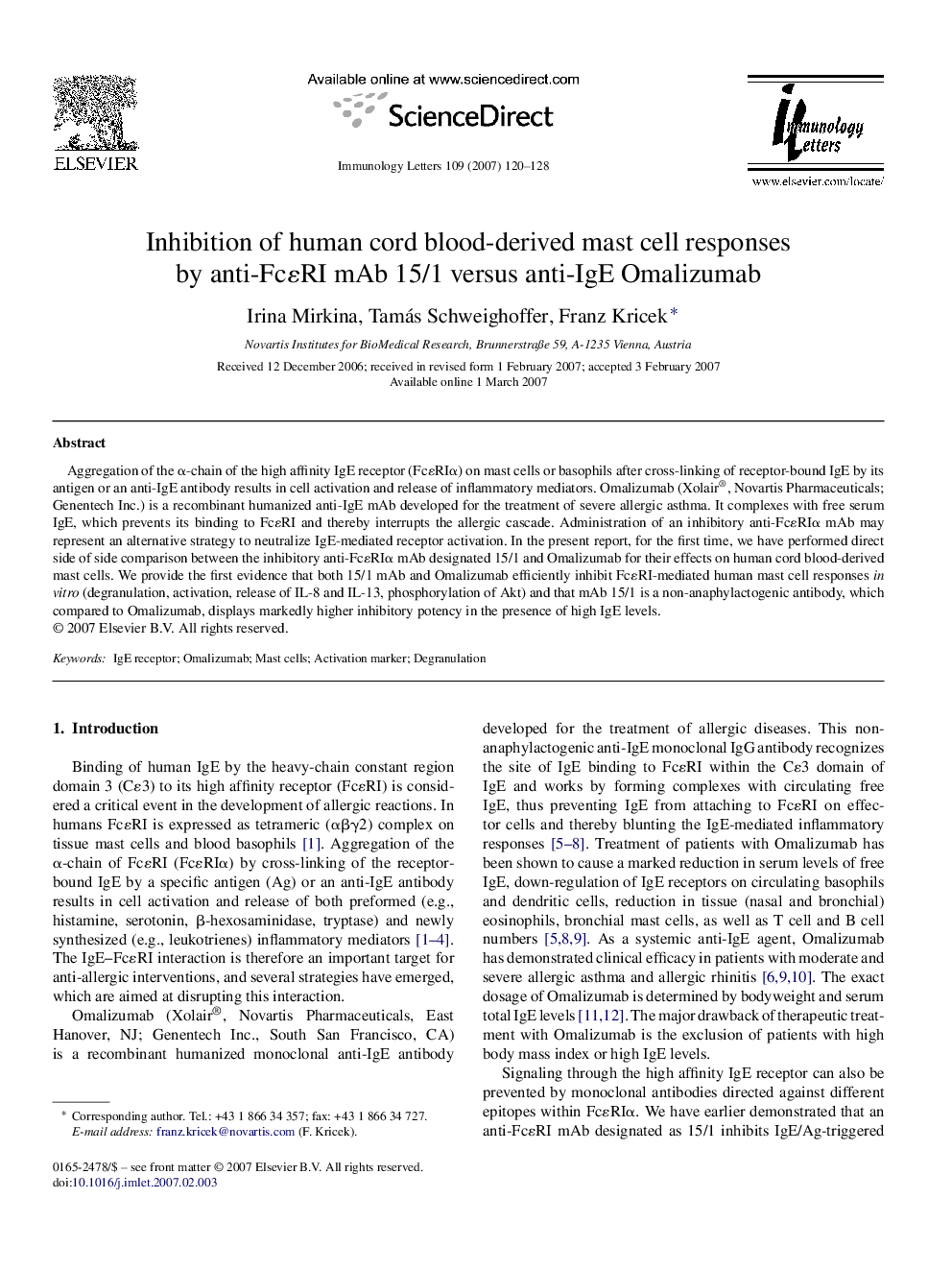 Inhibition of human cord blood-derived mast cell responses by anti-FcɛRI mAb 15/1 versus anti-IgE Omalizumab