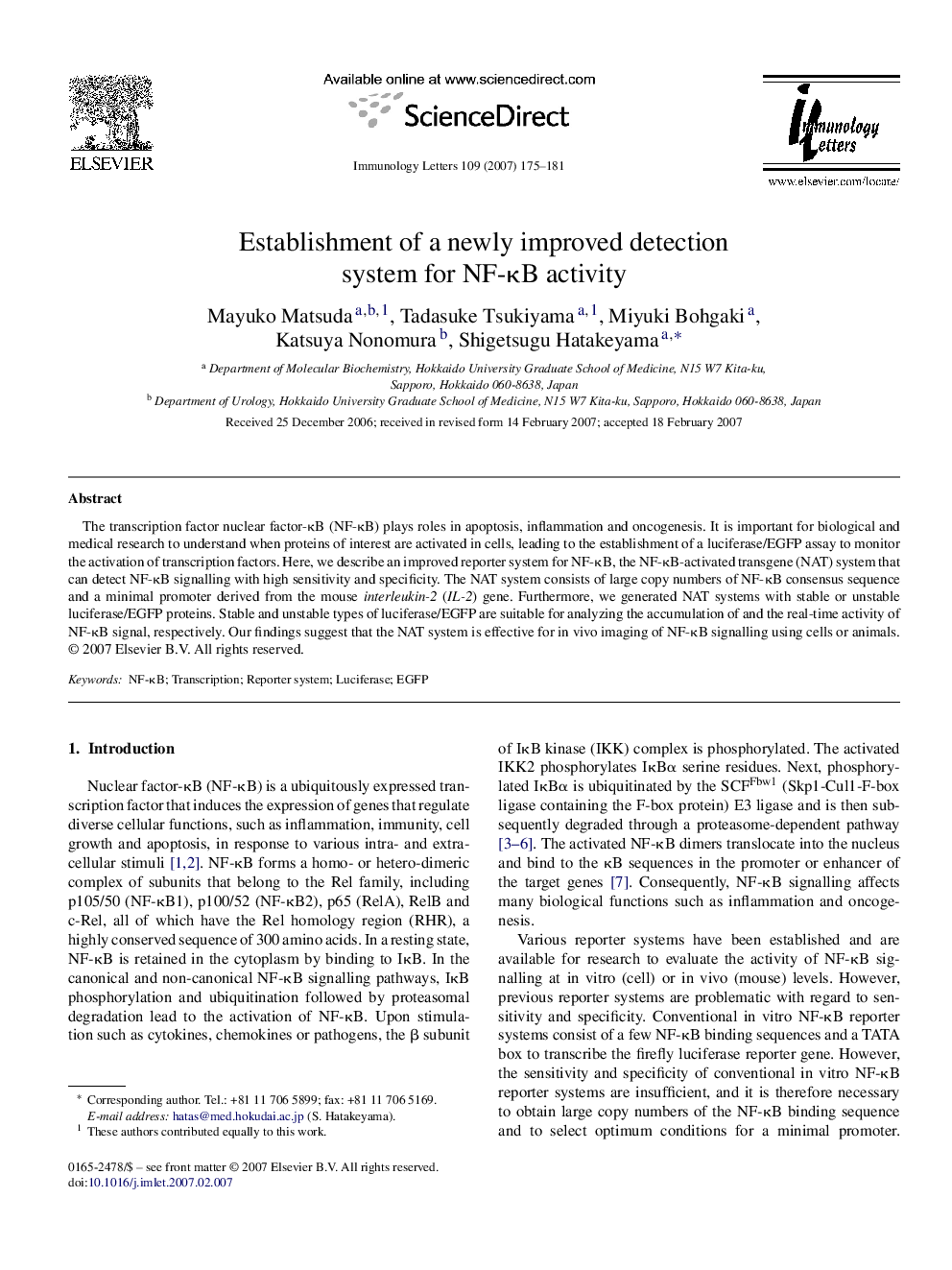 Establishment of a newly improved detection system for NF-κB activity