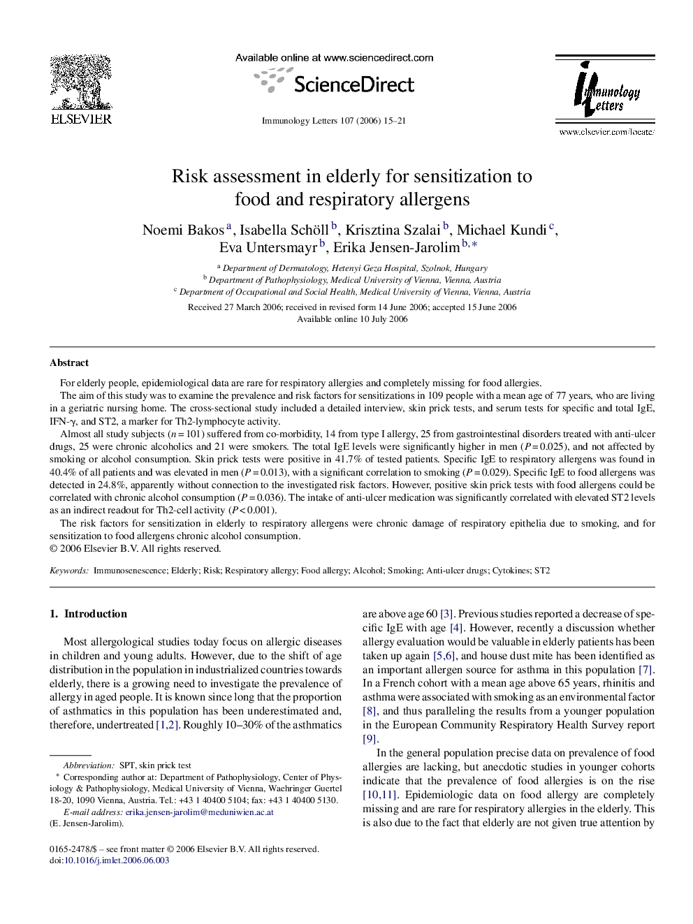 Risk assessment in elderly for sensitization to food and respiratory allergens