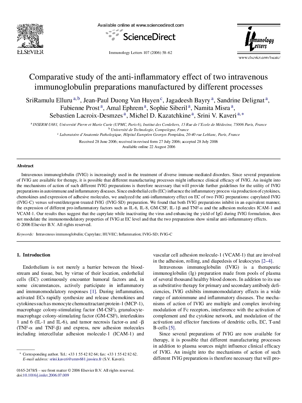 Comparative study of the anti-inflammatory effect of two intravenous immunoglobulin preparations manufactured by different processes