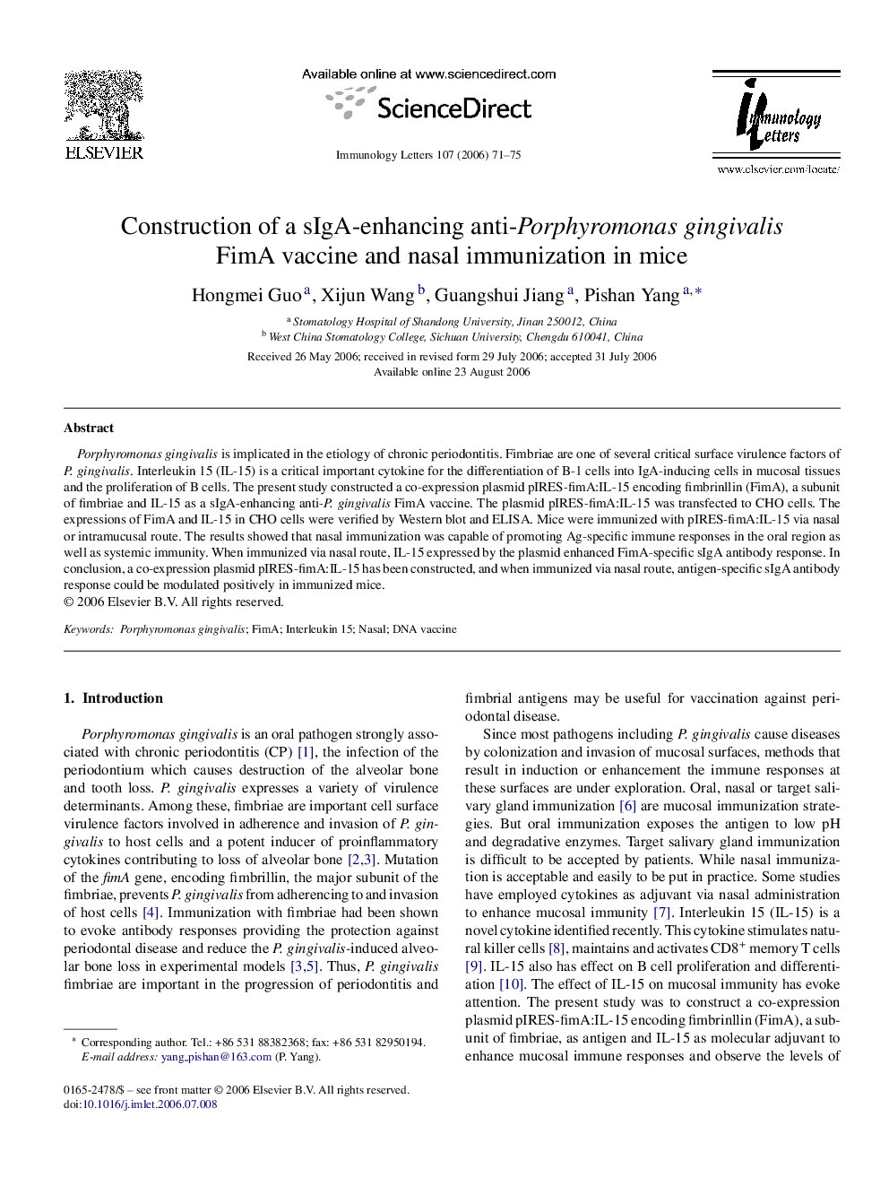 Construction of a sIgA-enhancing anti-Porphyromonas gingivalis FimA vaccine and nasal immunization in mice