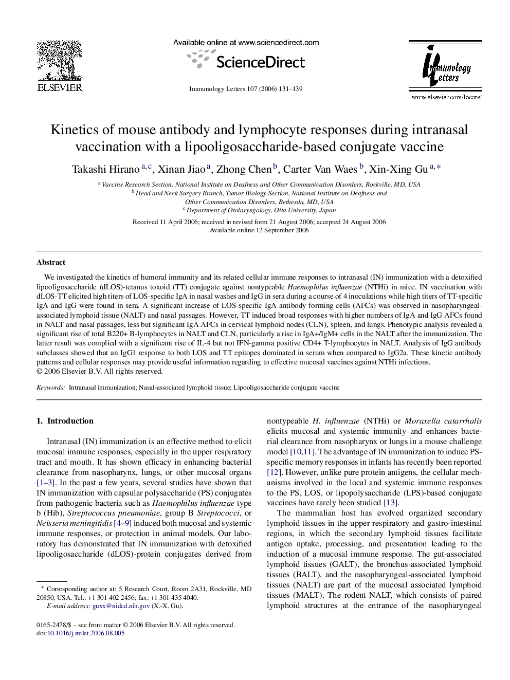 Kinetics of mouse antibody and lymphocyte responses during intranasal vaccination with a lipooligosaccharide-based conjugate vaccine