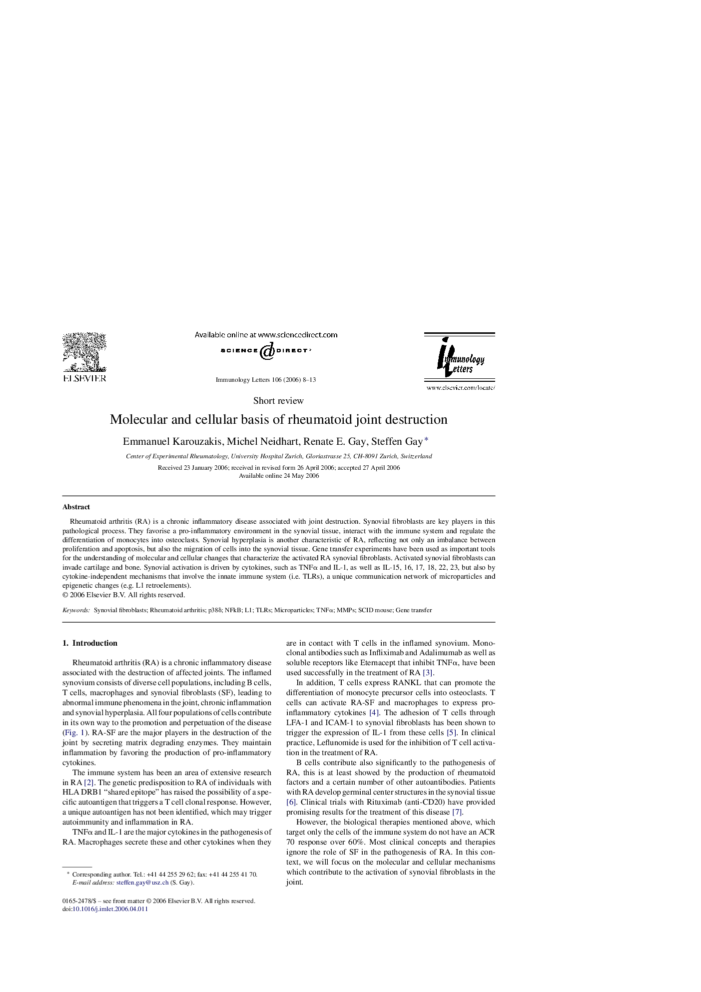 Molecular and cellular basis of rheumatoid joint destruction