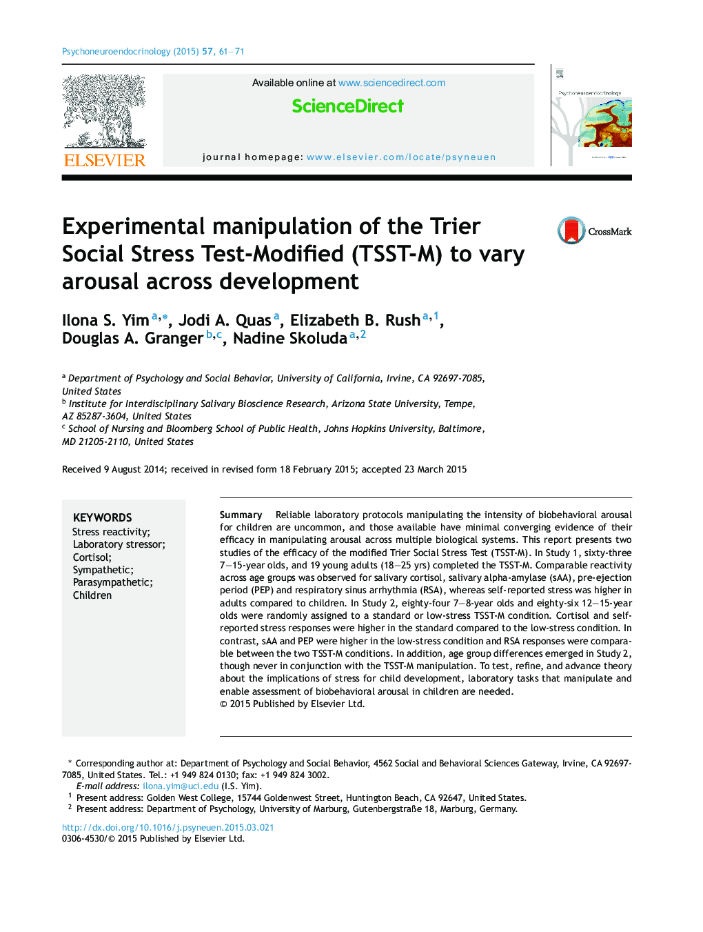 Experimental manipulation of the Trier Social Stress Test-Modified (TSST-M) to vary arousal across development