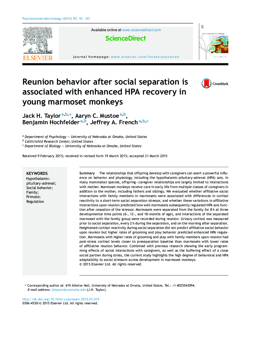 Reunion behavior after social separation is associated with enhanced HPA recovery in young marmoset monkeys