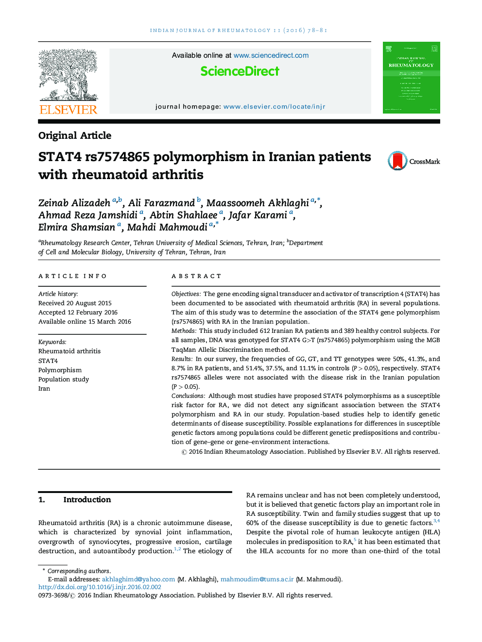 STAT4 rs7574865 polymorphism in Iranian patients with rheumatoid arthritis