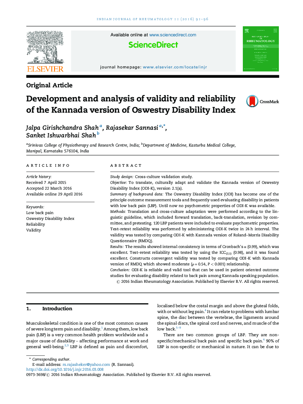 Development and analysis of validity and reliability of the Kannada version of Oswestry Disability Index