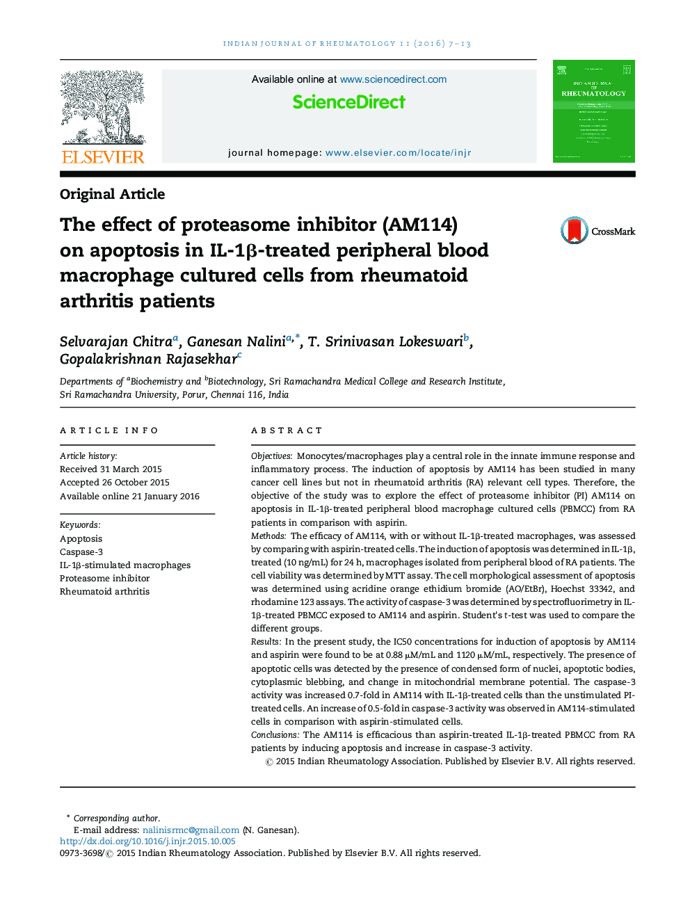 The effect of proteasome inhibitor (AM114) on apoptosis in IL-1Î²-treated peripheral blood macrophage cultured cells from rheumatoid arthritis patients