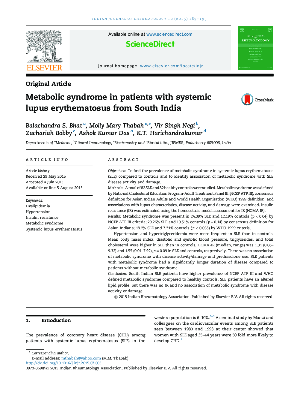 Metabolic syndrome in patients with systemic lupus erythematosus from South India