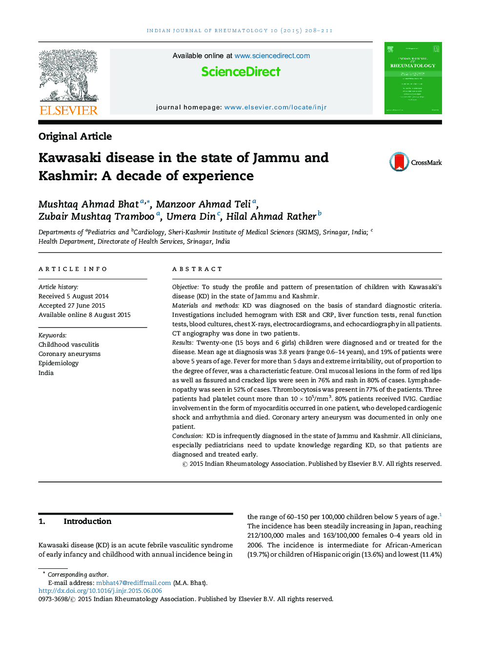 Kawasaki disease in the state of Jammu and Kashmir: A decade of experience