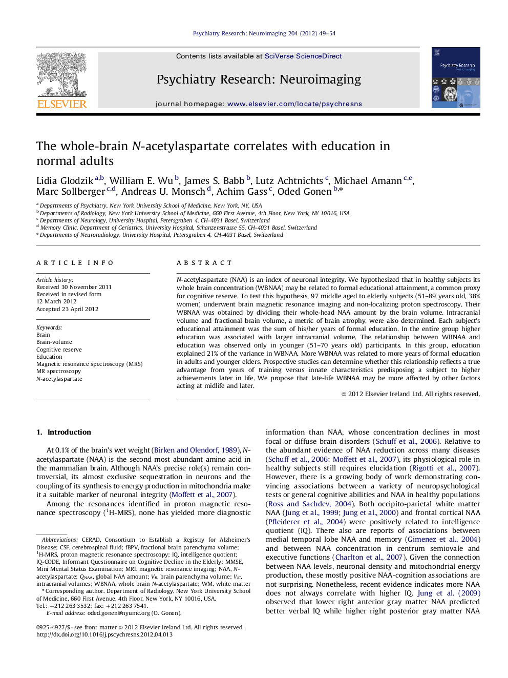 The whole-brain N-acetylaspartate correlates with education in normal adults