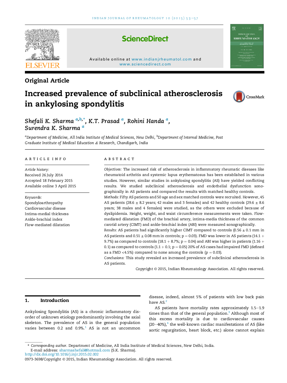 Increased prevalence of subclinical atherosclerosis in ankylosing spondylitis