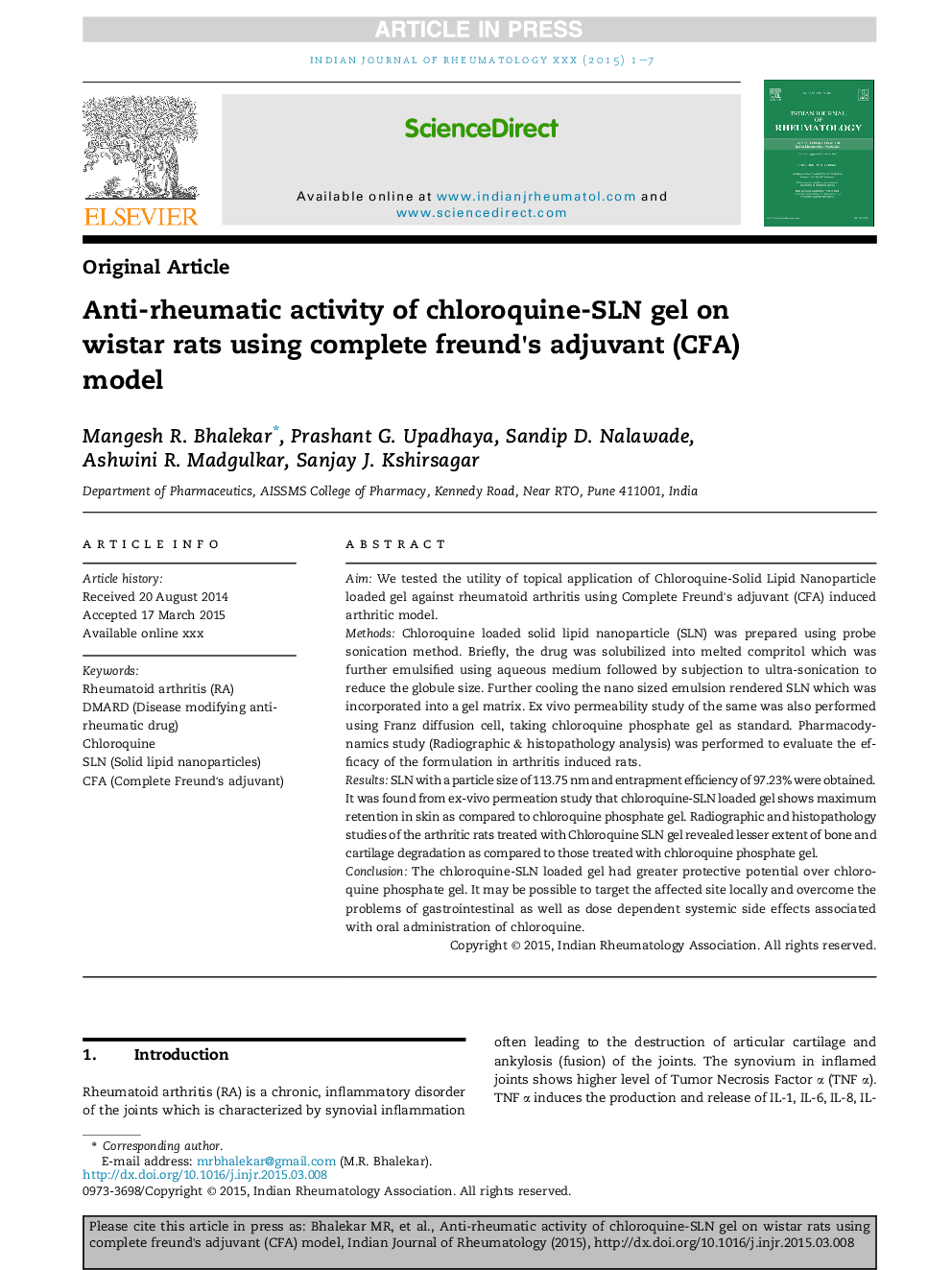 Anti-rheumatic activity of chloroquine-SLN gel on wistar rats using complete freund's adjuvant (CFA) model