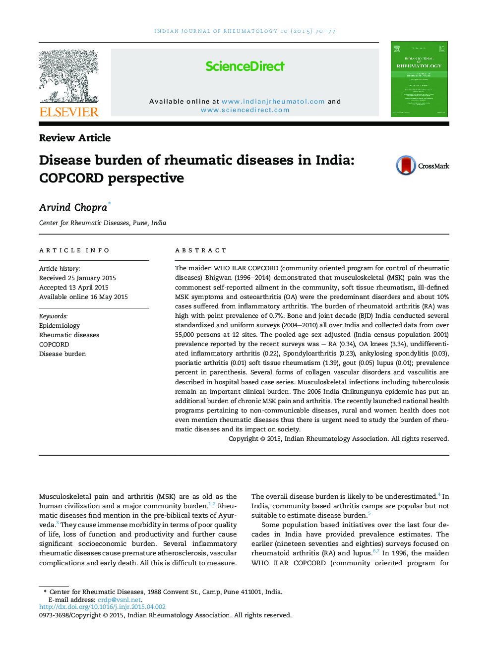 Disease burden of rheumatic diseases in India: COPCORD perspective