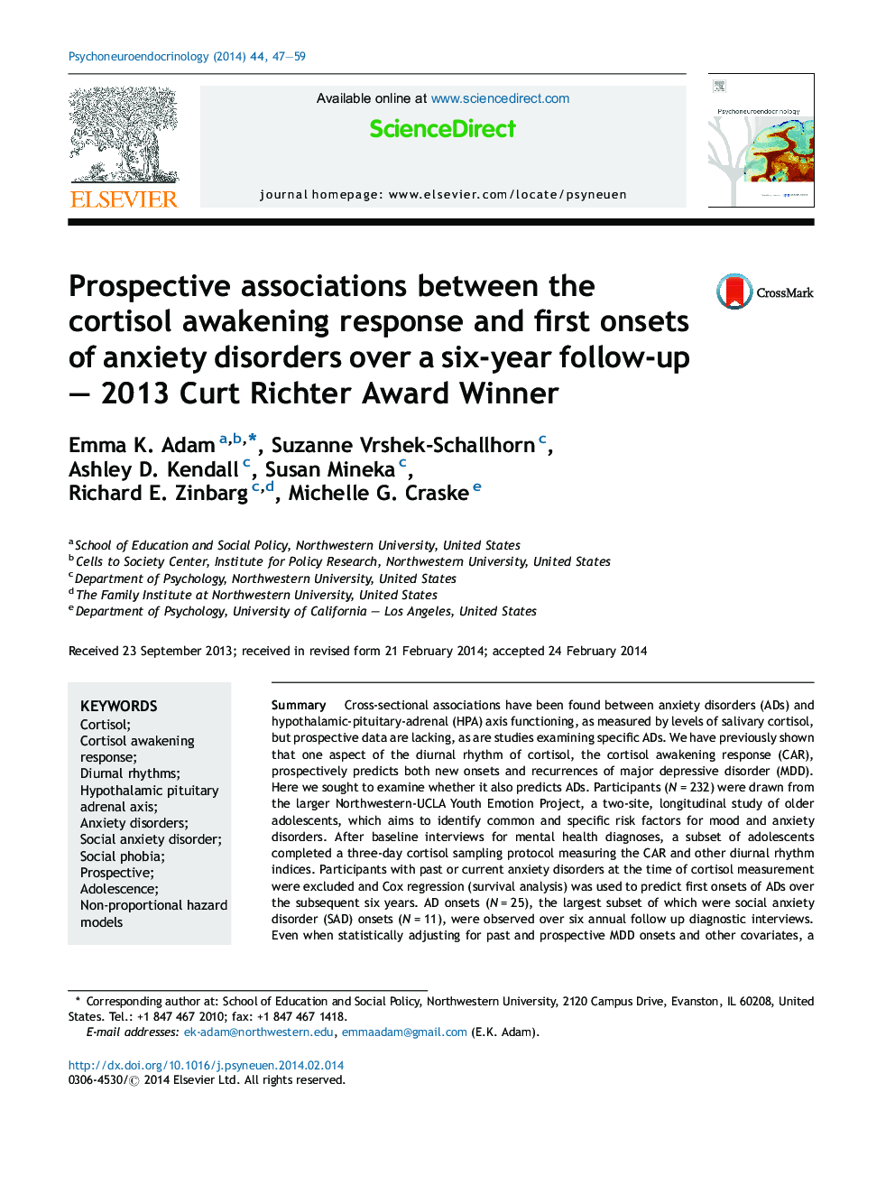 Prospective associations between the cortisol awakening response and first onsets of anxiety disorders over a six-year follow-up – 2013 Curt Richter Award Winner