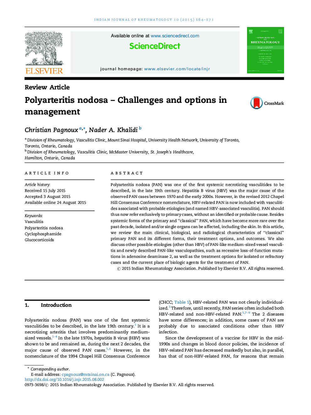 Polyarteritis nodosa - Challenges and options in management