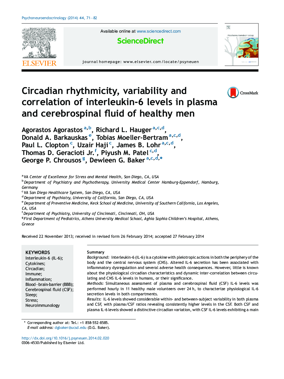 Circadian rhythmicity, variability and correlation of interleukin-6 levels in plasma and cerebrospinal fluid of healthy men