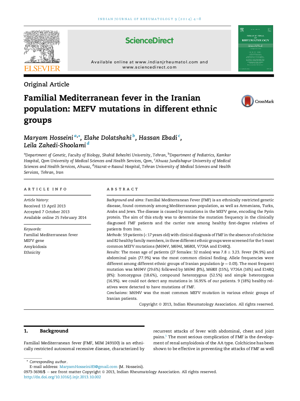 عکس صفحه اول مقاله: Familial Mediterranean fever in the Iranian population: MEFV mutations in different ethnic groups Familial Mediterranean fever in the Iranian population: MEFV mutations in different ethnic groups
