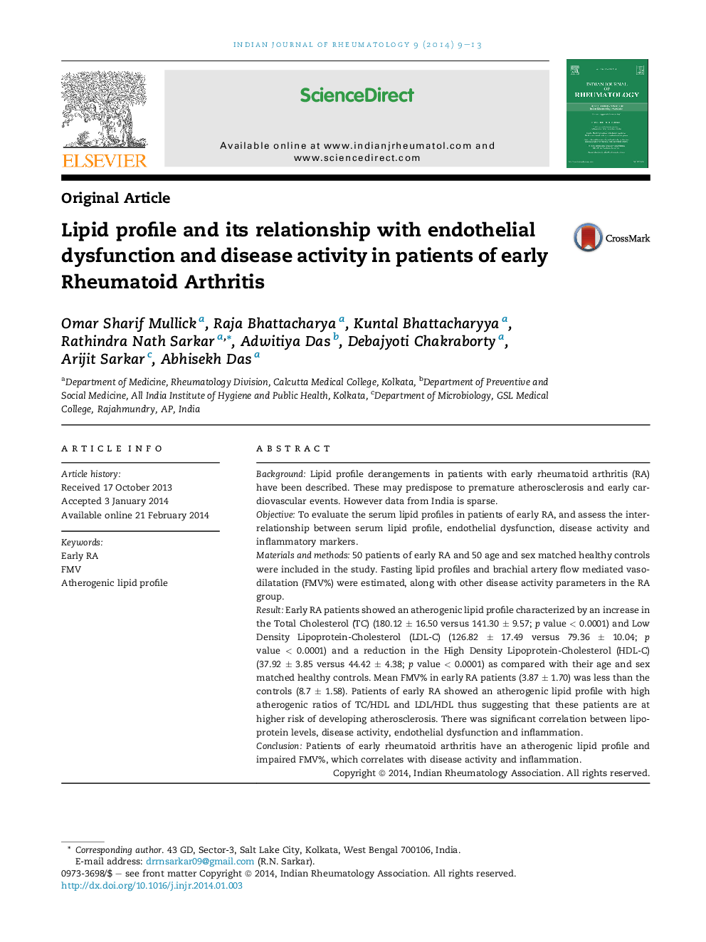 Lipid profile and its relationship with endothelial dysfunction and disease activity in patients of early Rheumatoid Arthritis