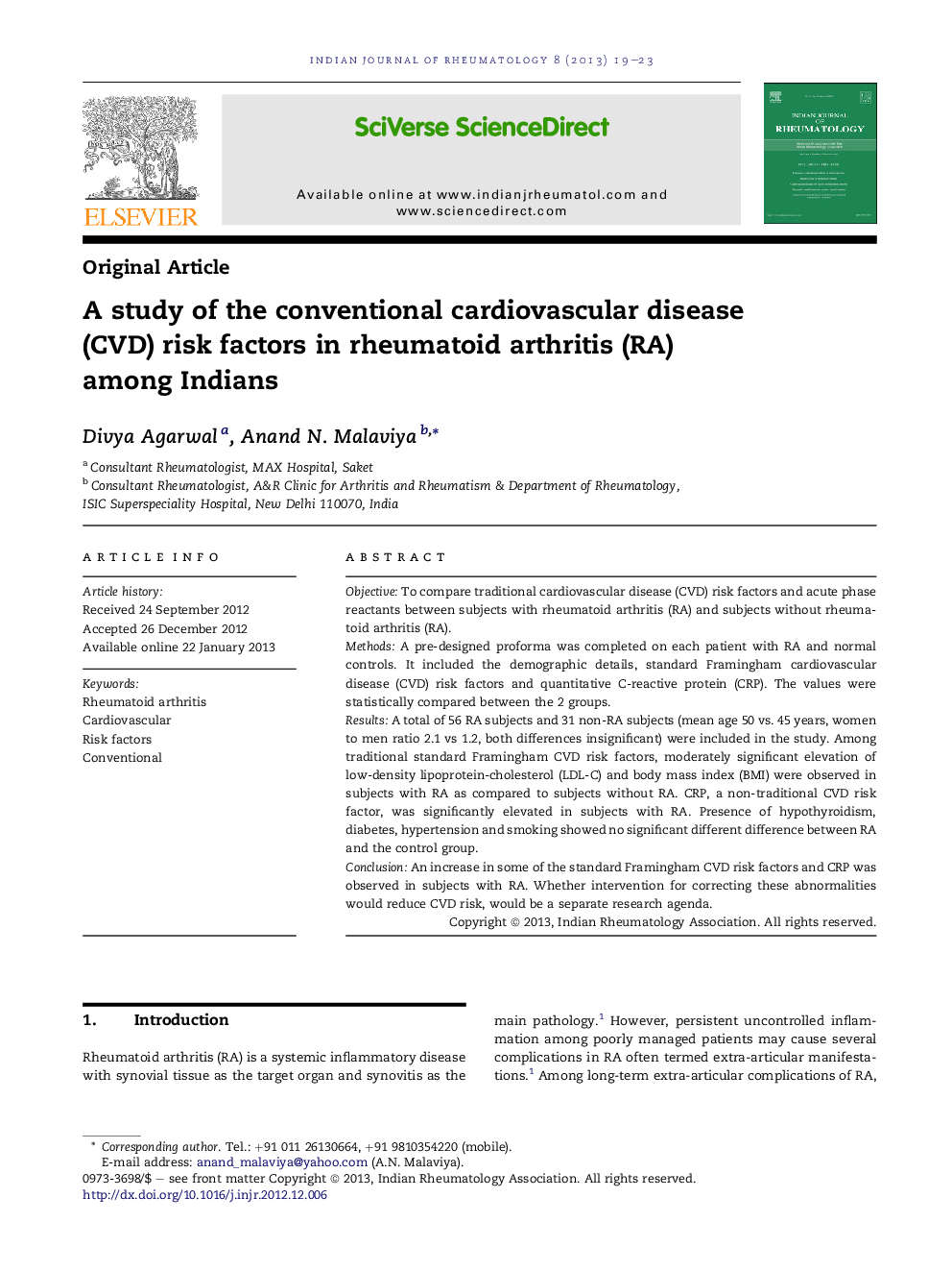 A study of the conventional cardiovascular disease (CVD) risk factors in rheumatoid arthritis (RA) among Indians