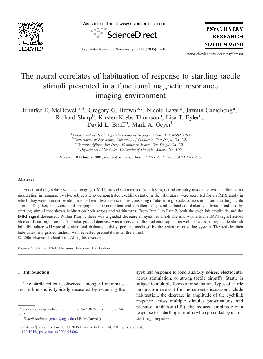 The neural correlates of habituation of response to startling tactile stimuli presented in a functional magnetic resonance imaging environment