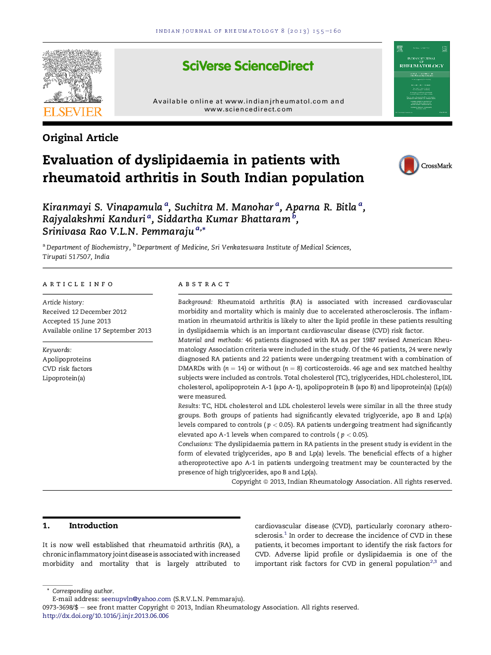 Evaluation of dyslipidaemia in patients with rheumatoid arthritis in South Indian population