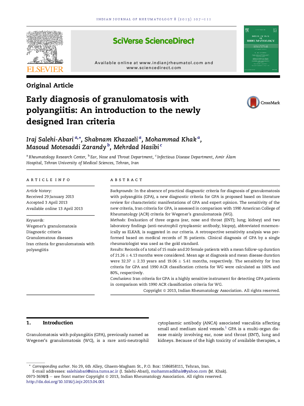 Early diagnosis of granulomatosis with polyangiitis: An introduction to the newly designed Iran criteria