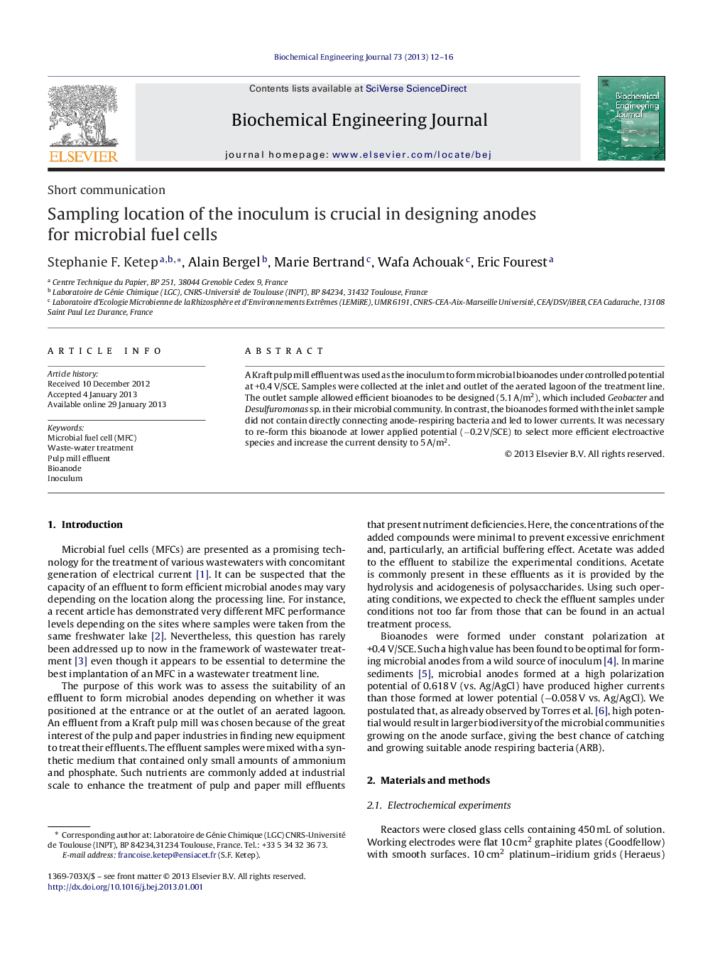 Sampling location of the inoculum is crucial in designing anodes for microbial fuel cells