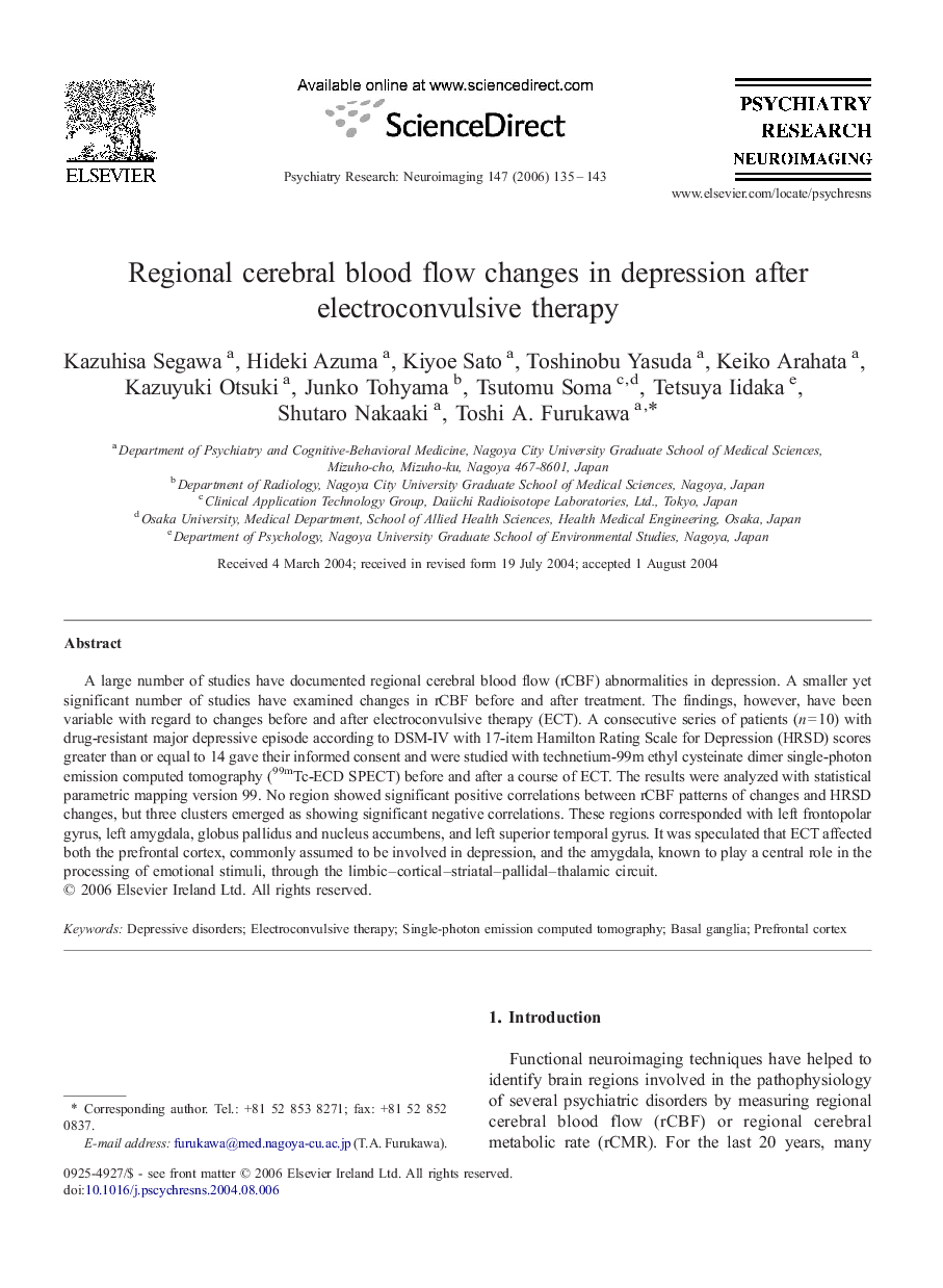 Regional cerebral blood flow changes in depression after electroconvulsive therapy