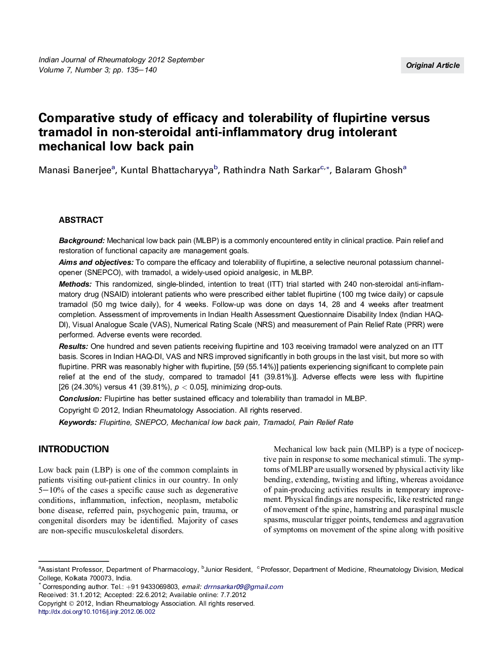 Comparative study of efficacy and tolerability of flupirtine versus tramadol in non-steroidal anti-inflammatory drug intolerant mechanical low back pain