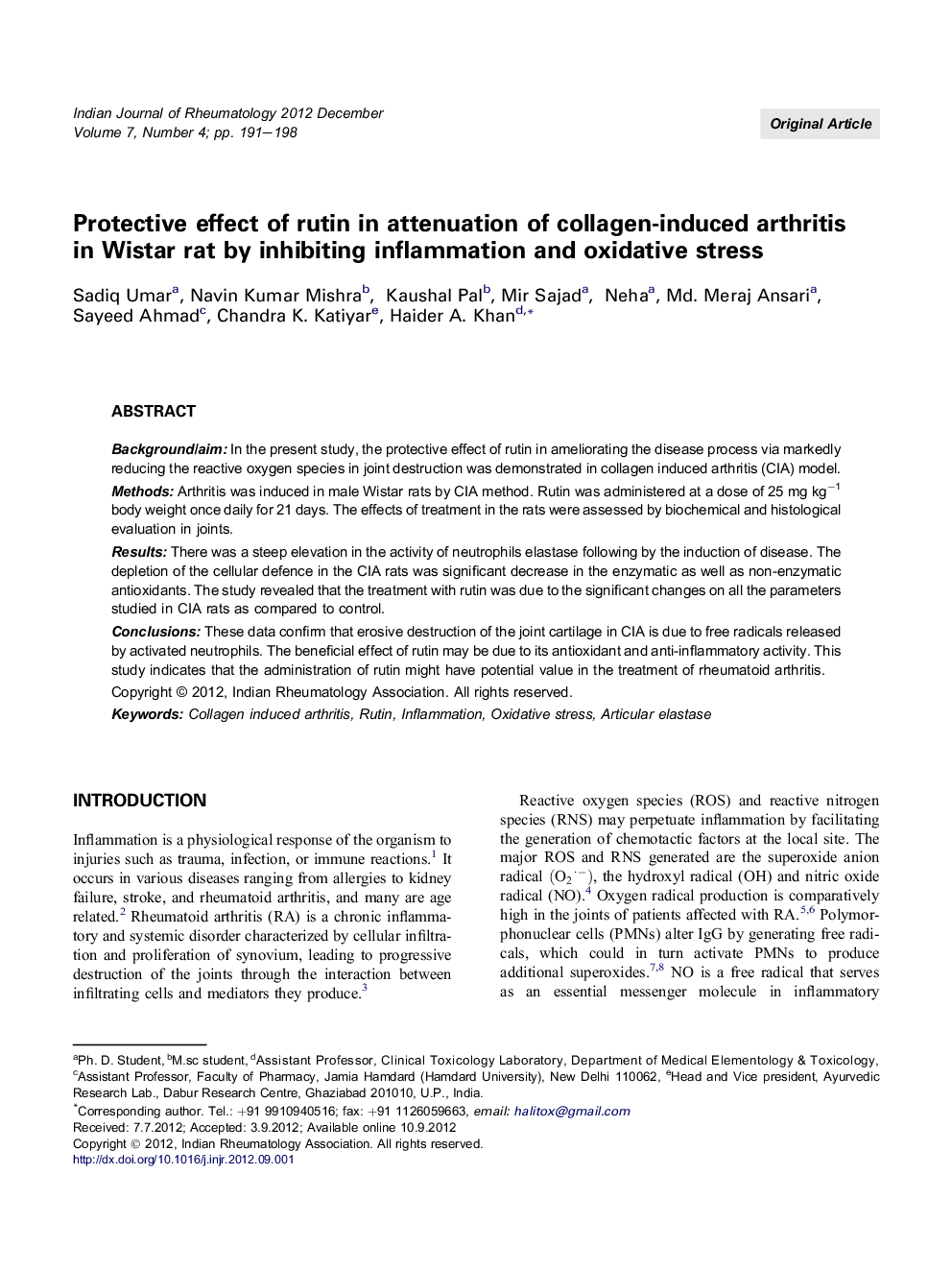 Protective effect of rutin in attenuation of collagen-induced arthritis in Wistar rat by inhibiting inflammation and oxidative stress