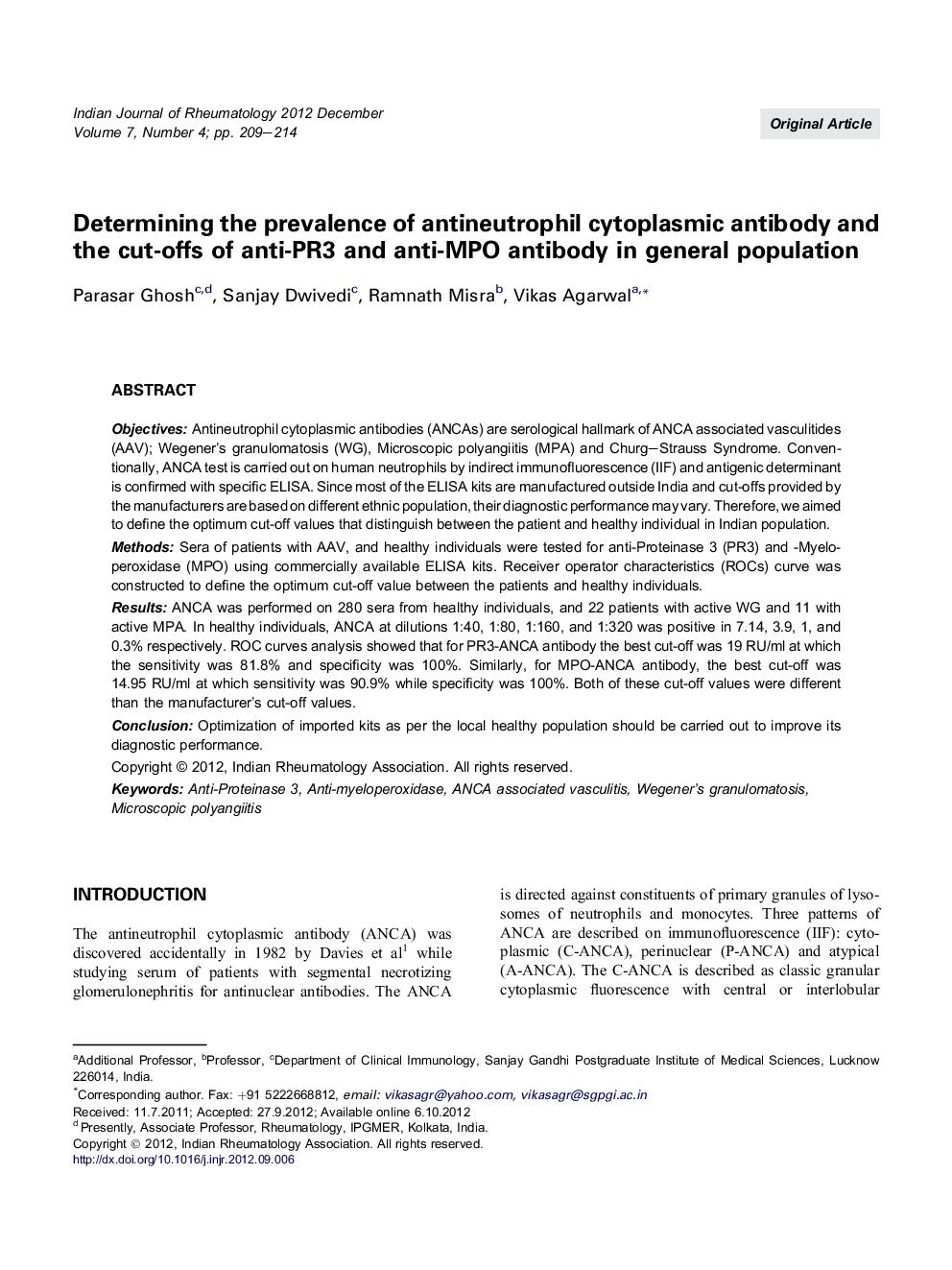 Determining the prevalence of antineutrophil cytoplasmic antibody and the cut-offs of anti-PR3 and anti-MPO antibody in general population